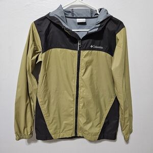 Columbia Youth L 14-16 Hooded Windbreaker Tan Dk Grey Blk Zip Up Nylon B15
